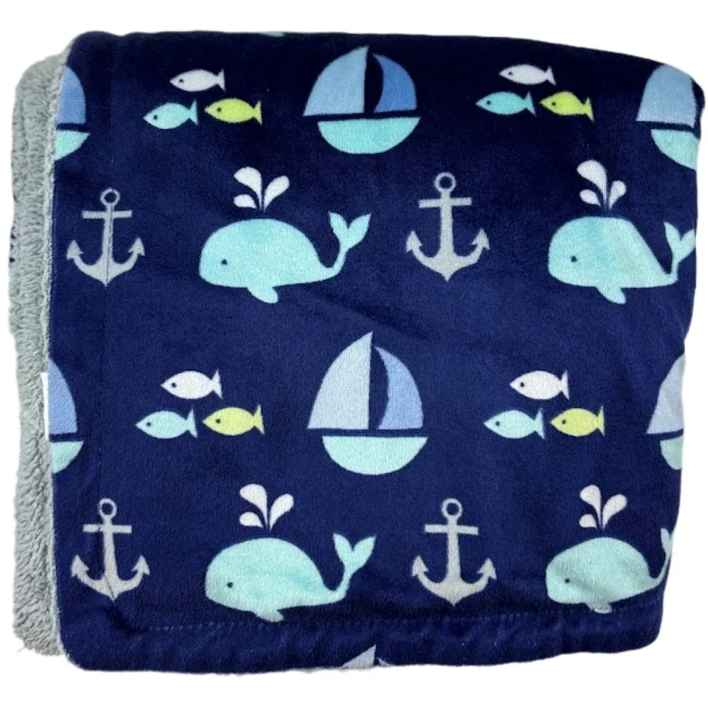 Luvable Friends Blue Whale Sailboat Anchor Fish Baby Blanket Gray Sherpa Back